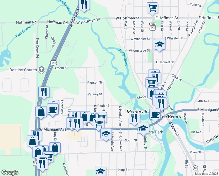 map of restaurants, bars, coffee shops, grocery stores, and more near 414 North Lincoln Avenue in Three Rivers