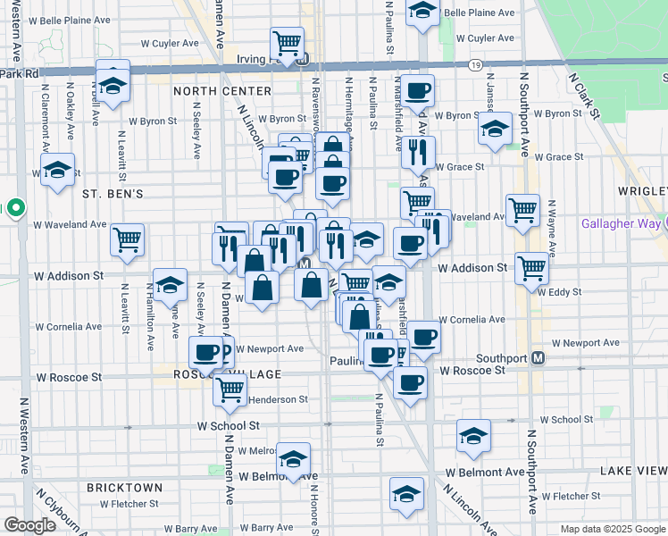 map of restaurants, bars, coffee shops, grocery stores, and more near 3615 North Ravenswood Avenue in Chicago