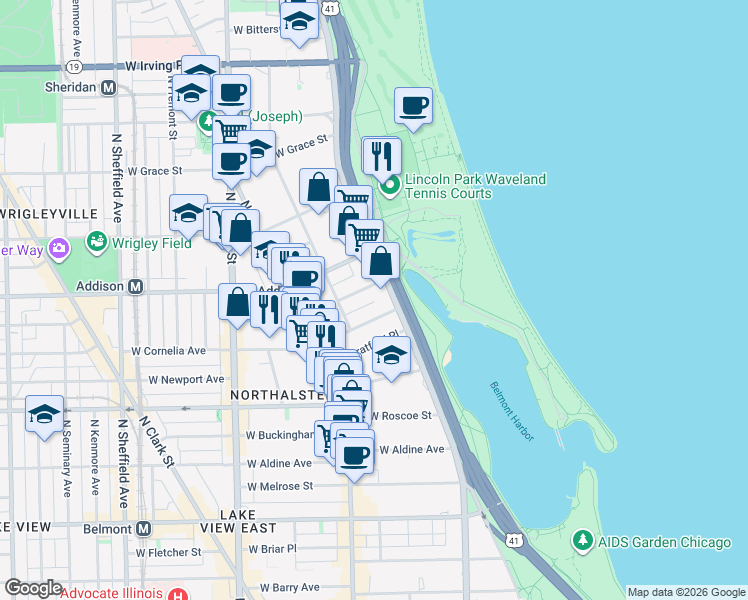 map of restaurants, bars, coffee shops, grocery stores, and more near 517 West Brompton Avenue in Chicago