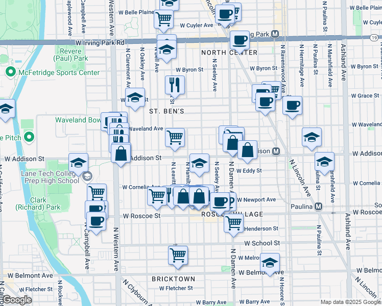 map of restaurants, bars, coffee shops, grocery stores, and more near 3618 North Hamilton Avenue in Chicago