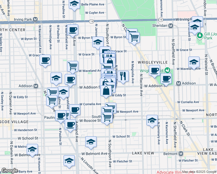 map of restaurants, bars, coffee shops, grocery stores, and more near W Addison St & N Southport Ave in Chicago