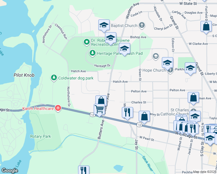 map of restaurants, bars, coffee shops, grocery stores, and more near 175 Hatch Avenue in Coldwater
