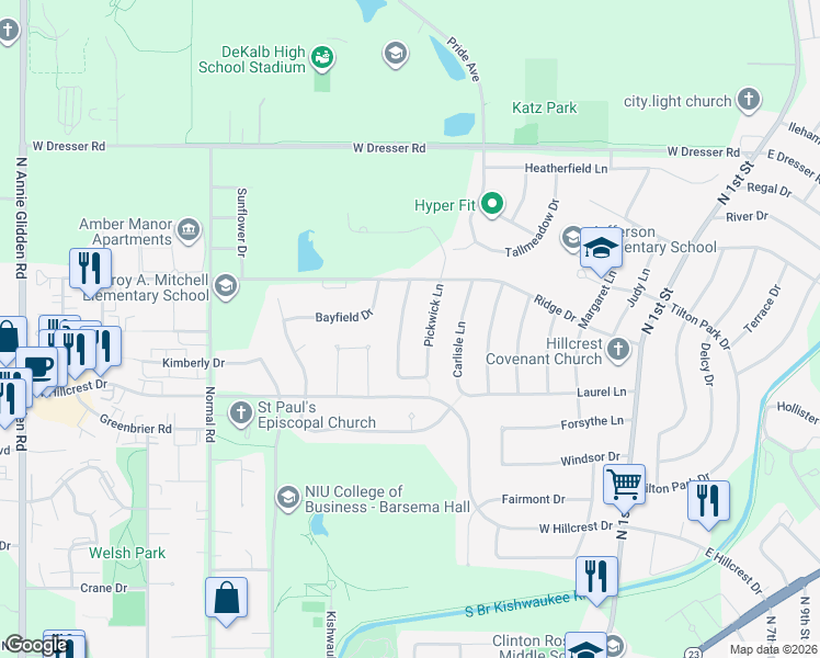 map of restaurants, bars, coffee shops, grocery stores, and more near 1618 Sleepy Hollow Lane in DeKalb