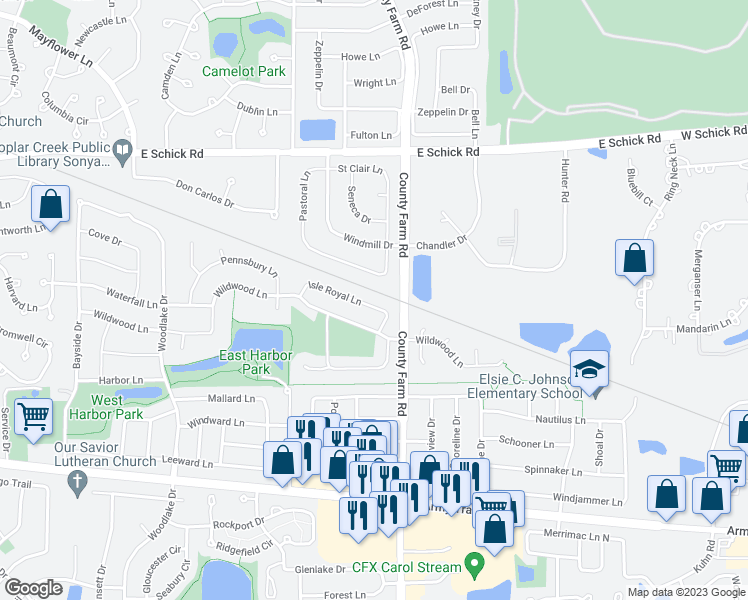 map of restaurants, bars, coffee shops, grocery stores, and more near 1856 Isle Royal Lane in Hanover Park