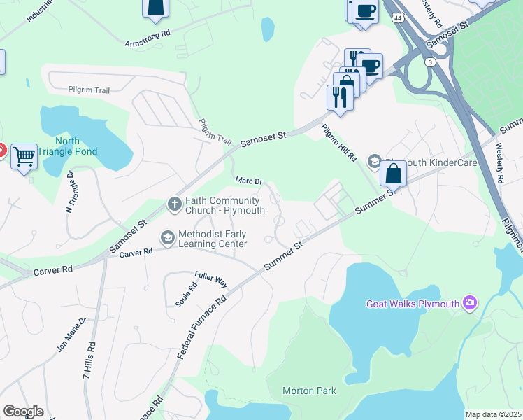map of restaurants, bars, coffee shops, grocery stores, and more near 3 Marc Drive in Plymouth