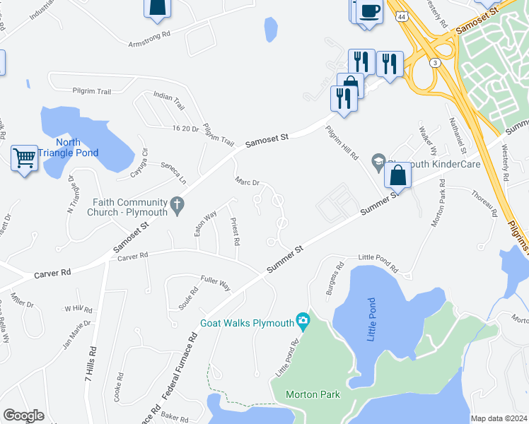 map of restaurants, bars, coffee shops, grocery stores, and more near 7 Marc Drive in Plymouth
