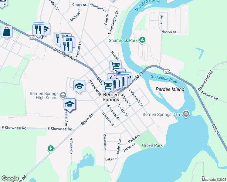 map of restaurants, bars, coffee shops, grocery stores, and more near in Berrien Springs