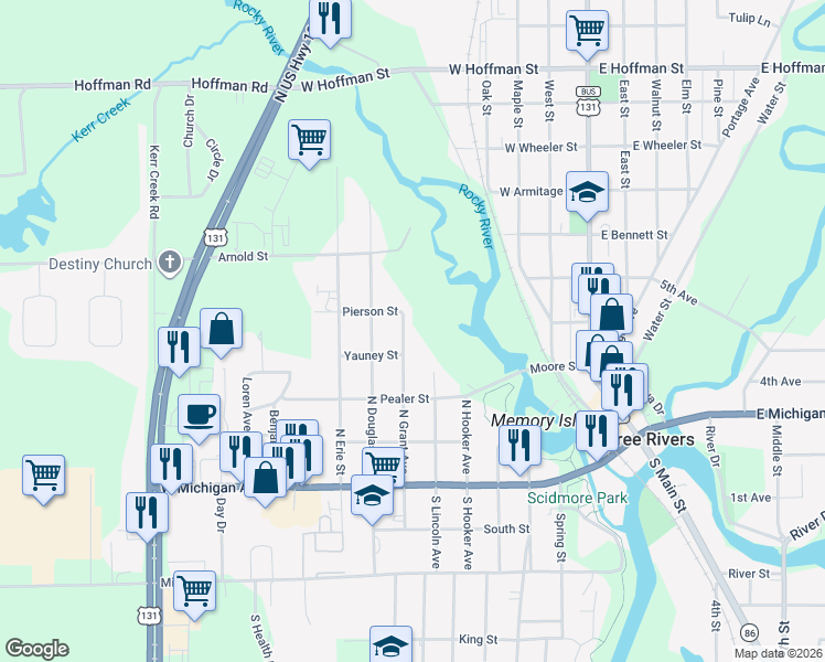 map of restaurants, bars, coffee shops, grocery stores, and more near 414 North Lincoln Avenue in Three Rivers
