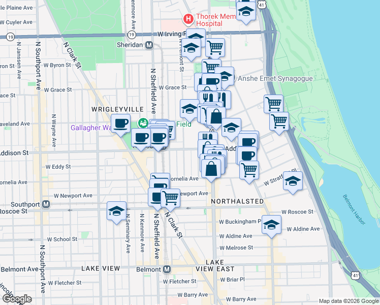 map of restaurants, bars, coffee shops, grocery stores, and more near 850 West Addison Street in Chicago