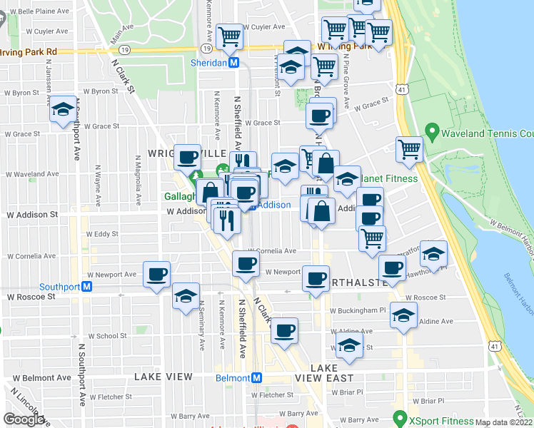 map of restaurants, bars, coffee shops, grocery stores, and more near 910 West Addison Street in Chicago