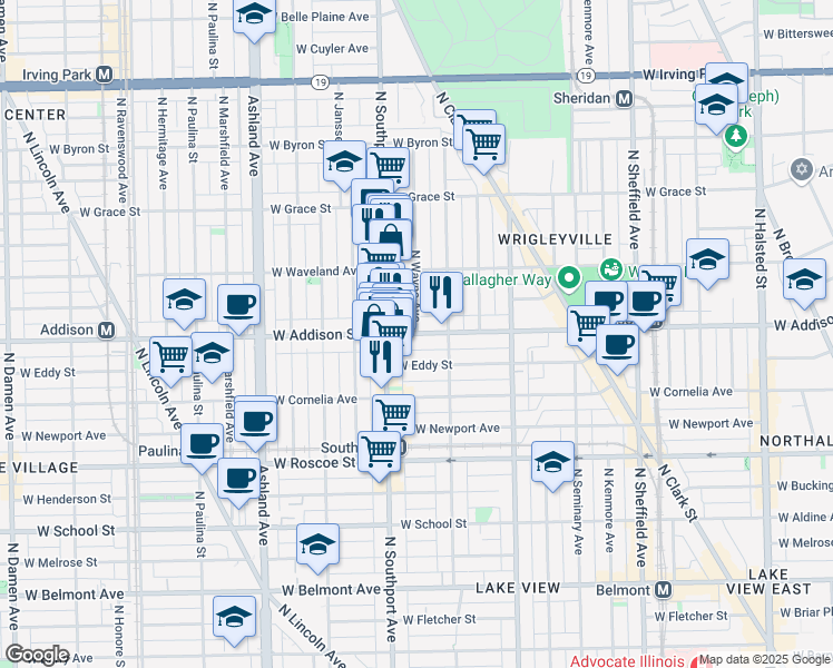map of restaurants, bars, coffee shops, grocery stores, and more near West Addison Street & North Wayne Avenue in Chicago