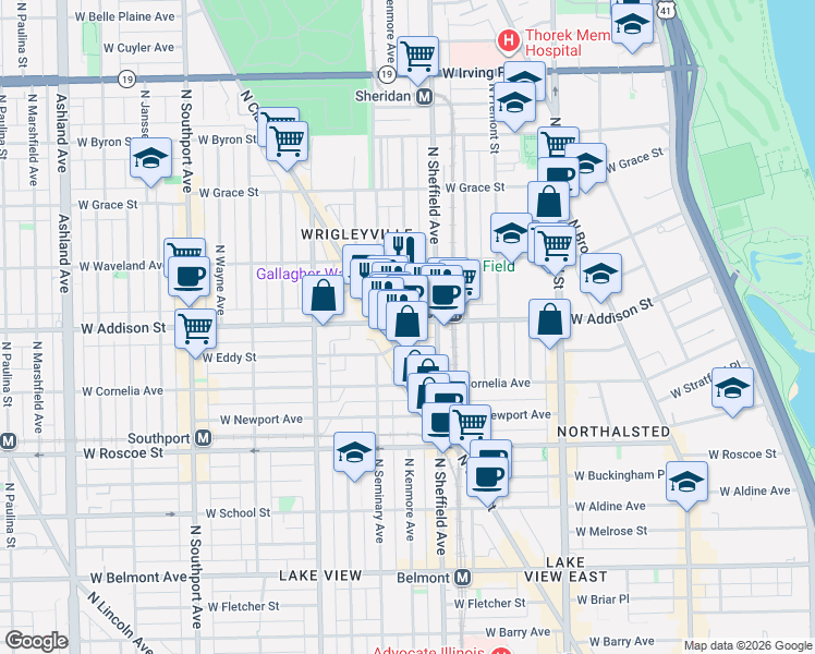 map of restaurants, bars, coffee shops, grocery stores, and more near 1027 West Addison Street in Chicago
