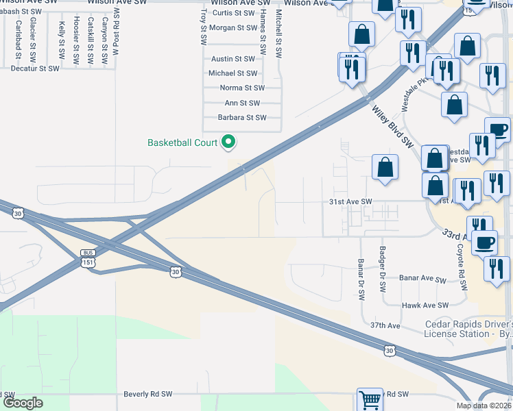map of restaurants, bars, coffee shops, grocery stores, and more near 5001 Williams Boulevard Southwest in Cedar Rapids