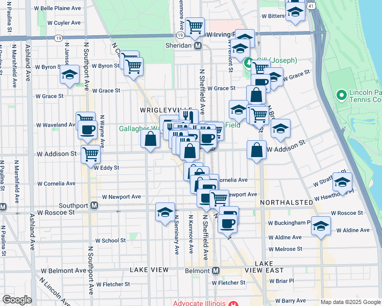 map of restaurants, bars, coffee shops, grocery stores, and more near 1025 West Addison Street in Chicago
