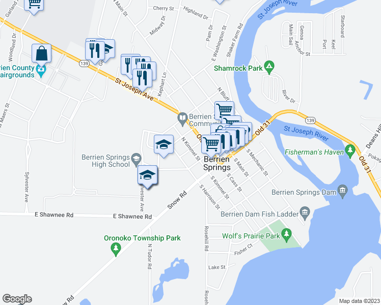 map of restaurants, bars, coffee shops, grocery stores, and more near 215 North Kimmel Street in Berrien Springs