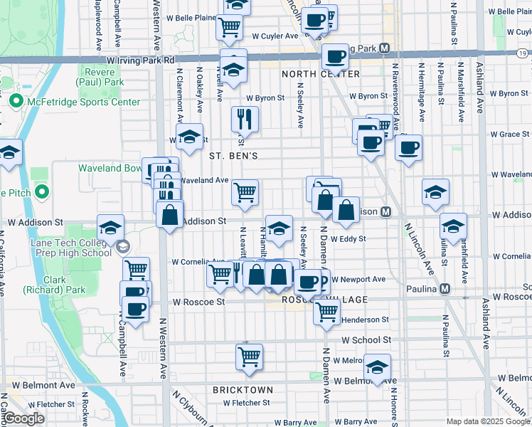 map of restaurants, bars, coffee shops, grocery stores, and more near 3618 North Hamilton Avenue in Chicago
