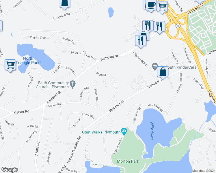 map of restaurants, bars, coffee shops, grocery stores, and more near 5 Marc Drive in Plymouth