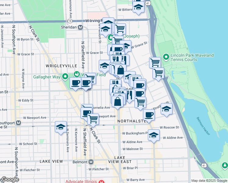 map of restaurants, bars, coffee shops, grocery stores, and more near 3600 North Halsted Street in Chicago