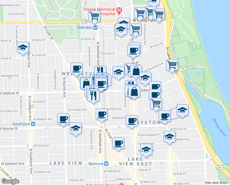 map of restaurants, bars, coffee shops, grocery stores, and more near 910 West Addison Street in Chicago