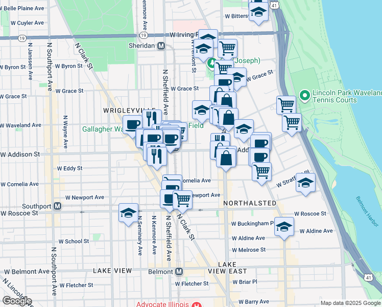 map of restaurants, bars, coffee shops, grocery stores, and more near 910 West Addison Street in Chicago