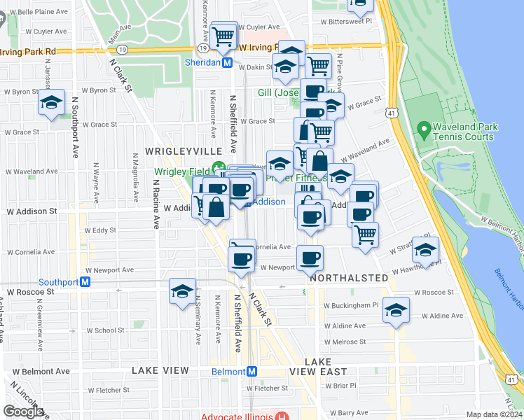 map of restaurants, bars, coffee shops, grocery stores, and more near 910 West Addison Street in Chicago