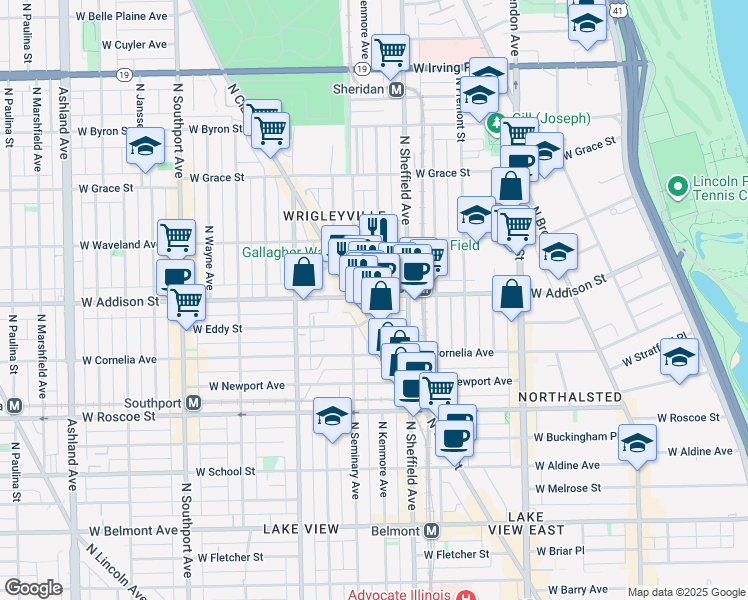 map of restaurants, bars, coffee shops, grocery stores, and more near 1023 West Addison Street in Chicago