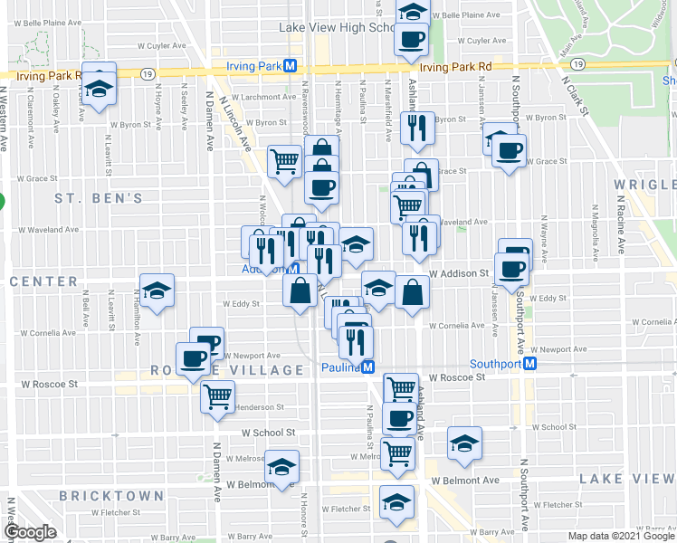 map of restaurants, bars, coffee shops, grocery stores, and more near 3615 North Hermitage Avenue in Chicago