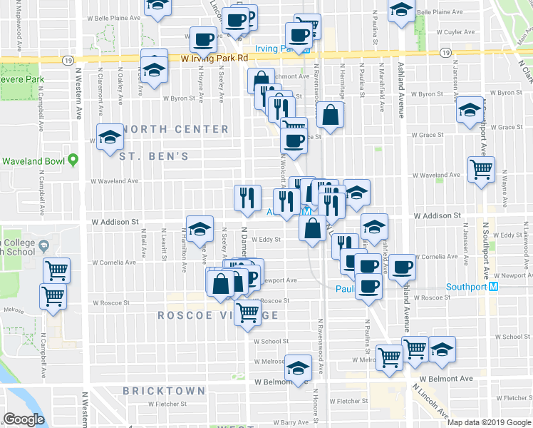 map of restaurants, bars, coffee shops, grocery stores, and more near 1907 West Patterson Avenue in Chicago