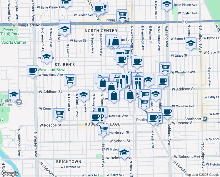 map of restaurants, bars, coffee shops, grocery stores, and more near 3619 North Damen Avenue in Chicago