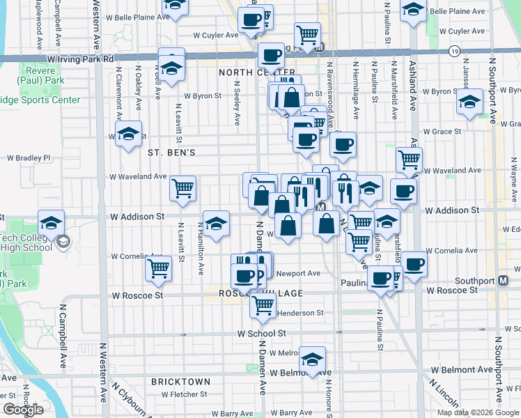 map of restaurants, bars, coffee shops, grocery stores, and more near 3619 North Damen Avenue in Chicago
