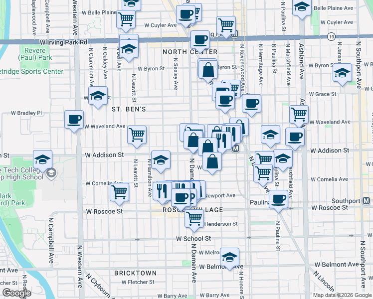 map of restaurants, bars, coffee shops, grocery stores, and more near 3621 North Seeley Avenue in Chicago