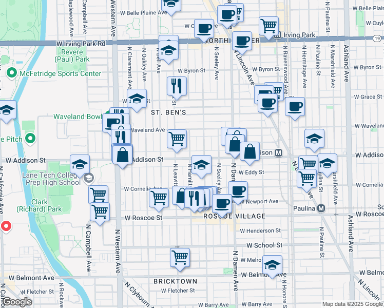 map of restaurants, bars, coffee shops, grocery stores, and more near 3618 North Hamilton Avenue in Chicago