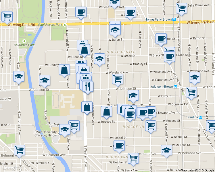 map of restaurants, bars, coffee shops, grocery stores, and more near 3621 North Oakley Avenue in Chicago