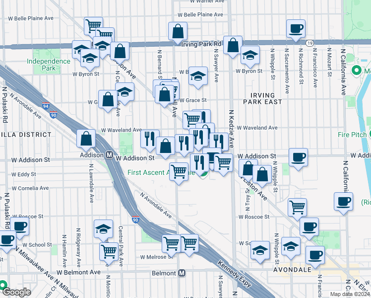 map of restaurants, bars, coffee shops, grocery stores, and more near 3631 North Kimball Avenue in Chicago