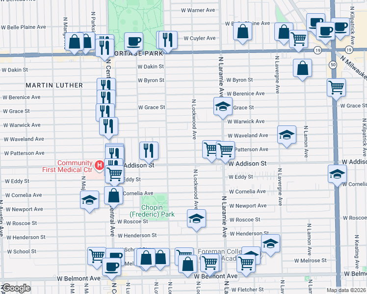 map of restaurants, bars, coffee shops, grocery stores, and more near 5327 West Waveland Avenue in Chicago