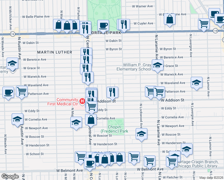 map of restaurants, bars, coffee shops, grocery stores, and more near 3654 North Lotus Avenue in Chicago