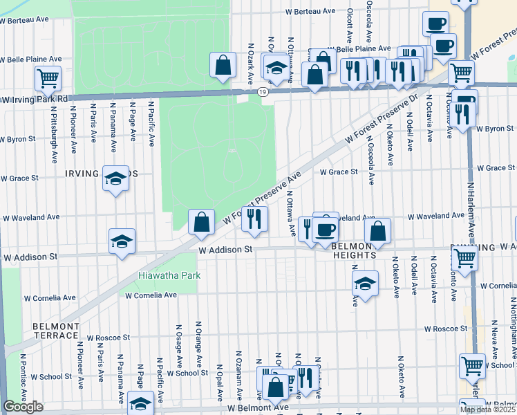 map of restaurants, bars, coffee shops, grocery stores, and more near 7711 West Forest Preserve Drive in Chicago