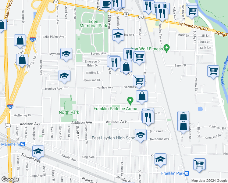 map of restaurants, bars, coffee shops, grocery stores, and more near 9761 Ivanhoe Avenue in Schiller Park