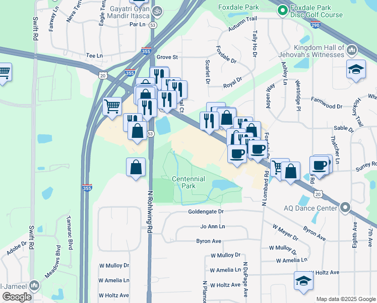 map of restaurants, bars, coffee shops, grocery stores, and more near 1651 West Lake Street in Addison