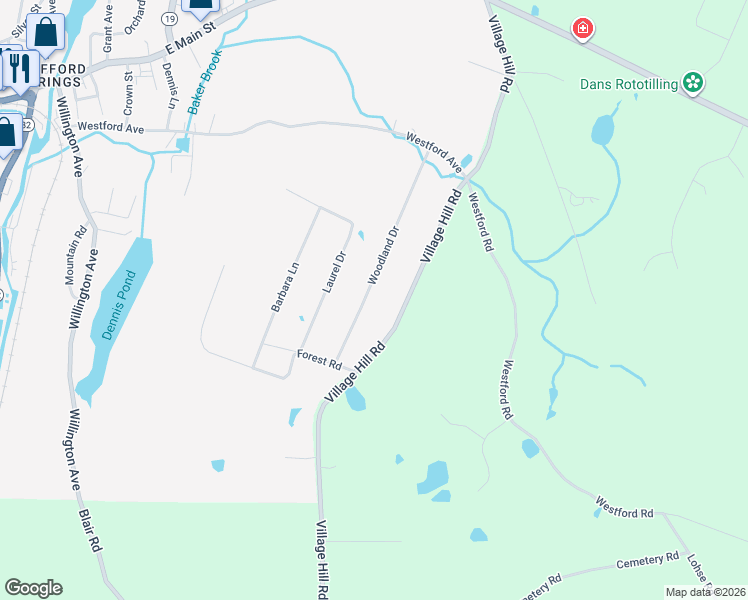 map of restaurants, bars, coffee shops, grocery stores, and more near 24 Woodland Drive in Stafford