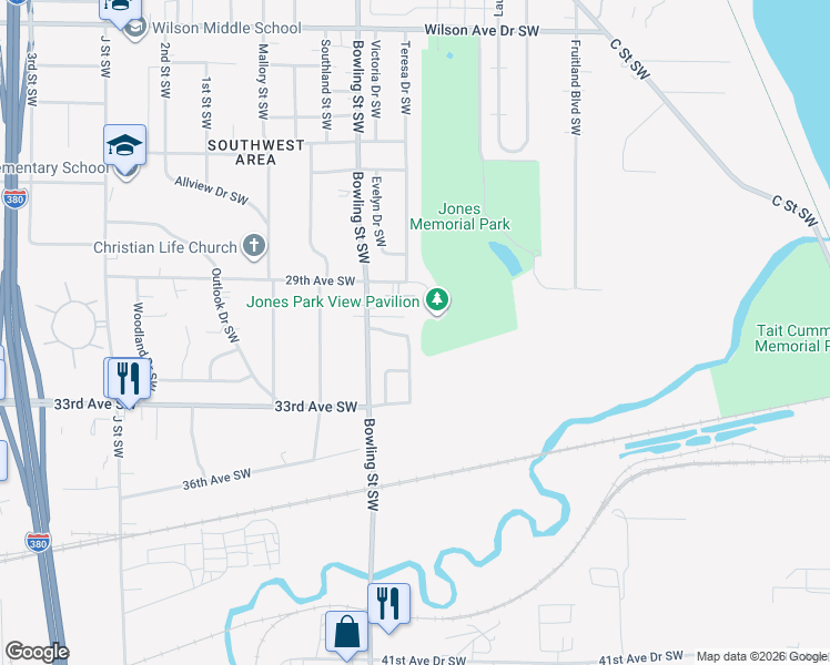 map of restaurants, bars, coffee shops, grocery stores, and more near 3015 Tamara Drive Southwest in Cedar Rapids