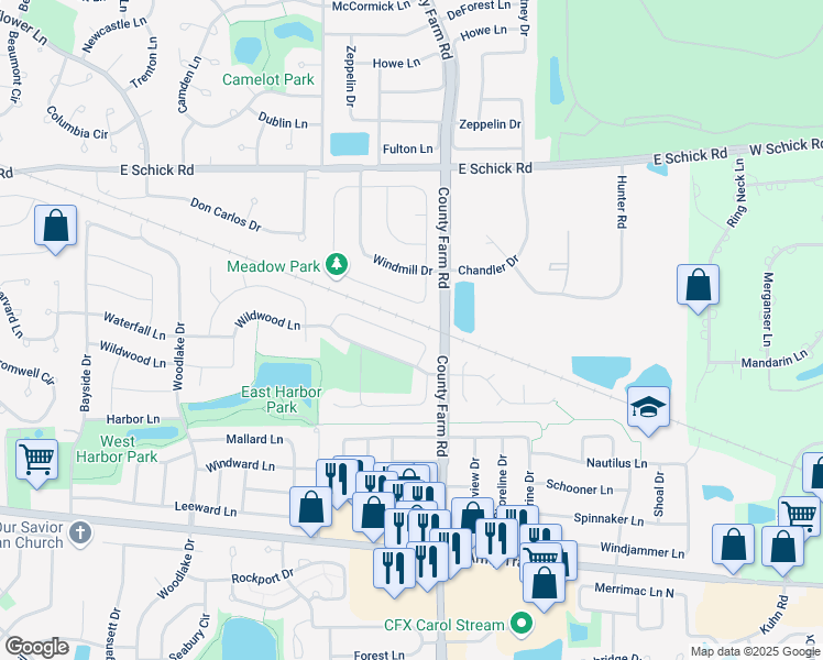 map of restaurants, bars, coffee shops, grocery stores, and more near 1872 Isle Royal Lane in Hanover Park
