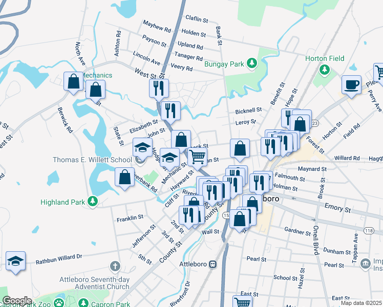 map of restaurants, bars, coffee shops, grocery stores, and more near 5 Peck Street in Attleboro