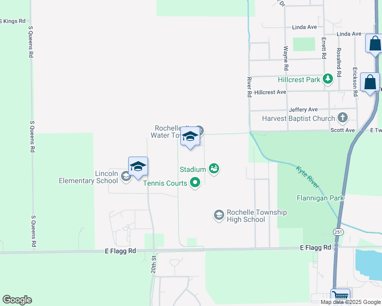 map of restaurants, bars, coffee shops, grocery stores, and more near 1401 East Flagg Road in Rochelle