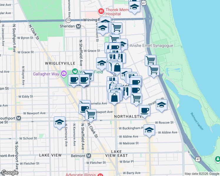 map of restaurants, bars, coffee shops, grocery stores, and more near 3600 North Halsted Street in Chicago
