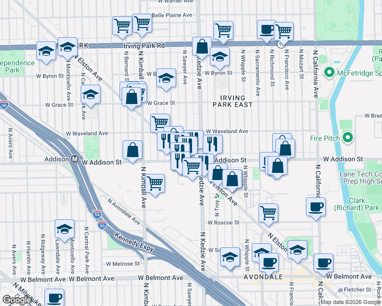 map of restaurants, bars, coffee shops, grocery stores, and more near 3615 North Sawyer Avenue in Chicago