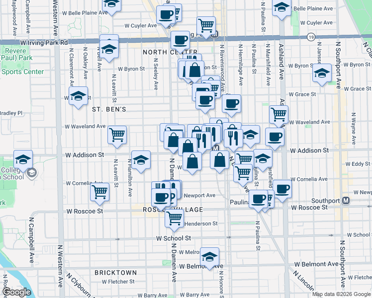map of restaurants, bars, coffee shops, grocery stores, and more near 3619 North Damen Avenue in Chicago
