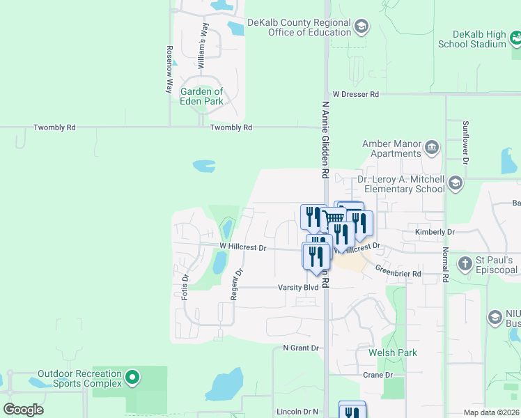 map of restaurants, bars, coffee shops, grocery stores, and more near 1134 Regent Drive in DeKalb