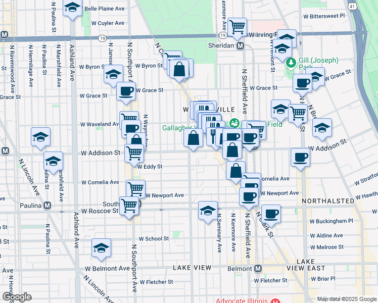 map of restaurants, bars, coffee shops, grocery stores, and more near W Addison St & N Racine Ave in Chicago