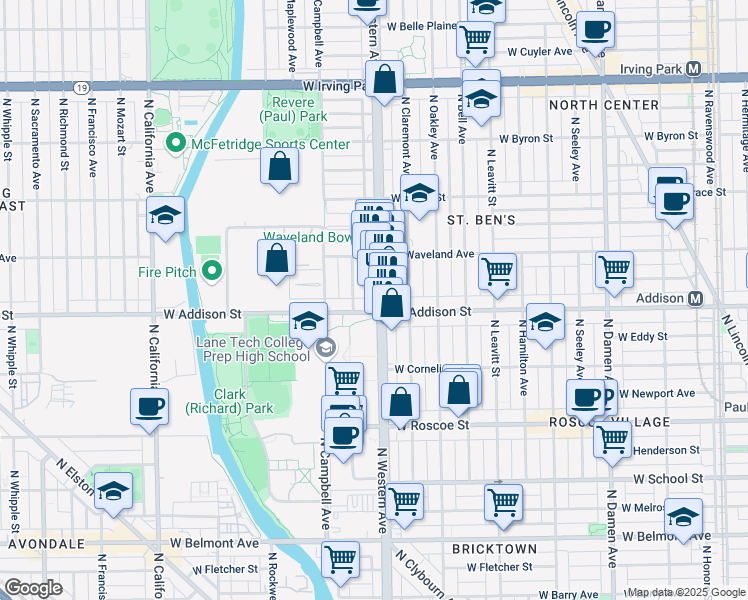 map of restaurants, bars, coffee shops, grocery stores, and more near 3622 North Western Avenue in Chicago